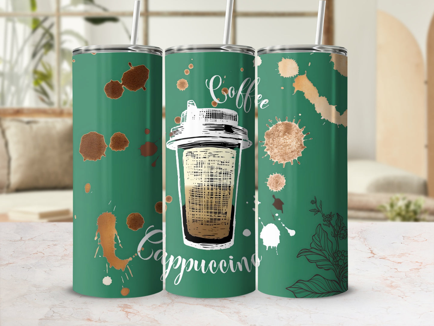 Cappuccino Coffee Stain Design on Green Tumbler Cup