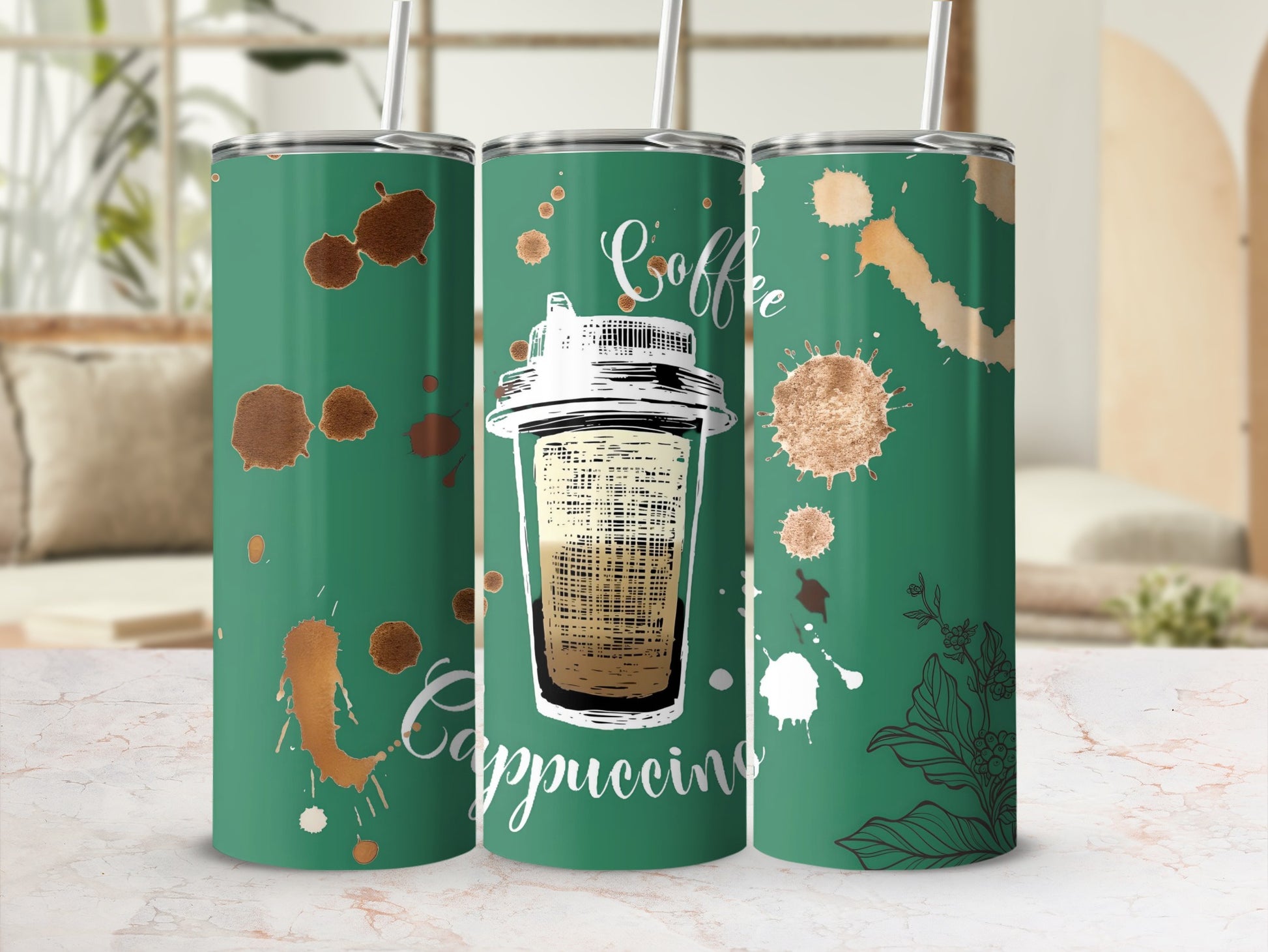 Cappuccino Coffee Stain Design on Green Tumbler Cup