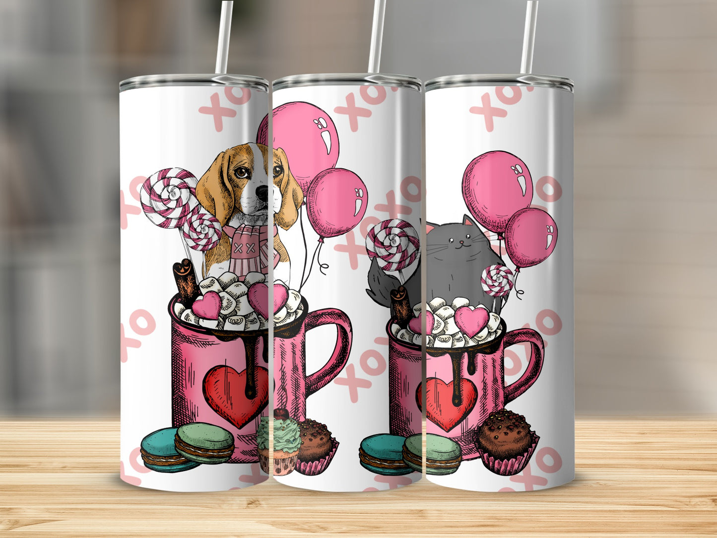 Cute Dog and Cat in Mug with Sweets Design Tumbler