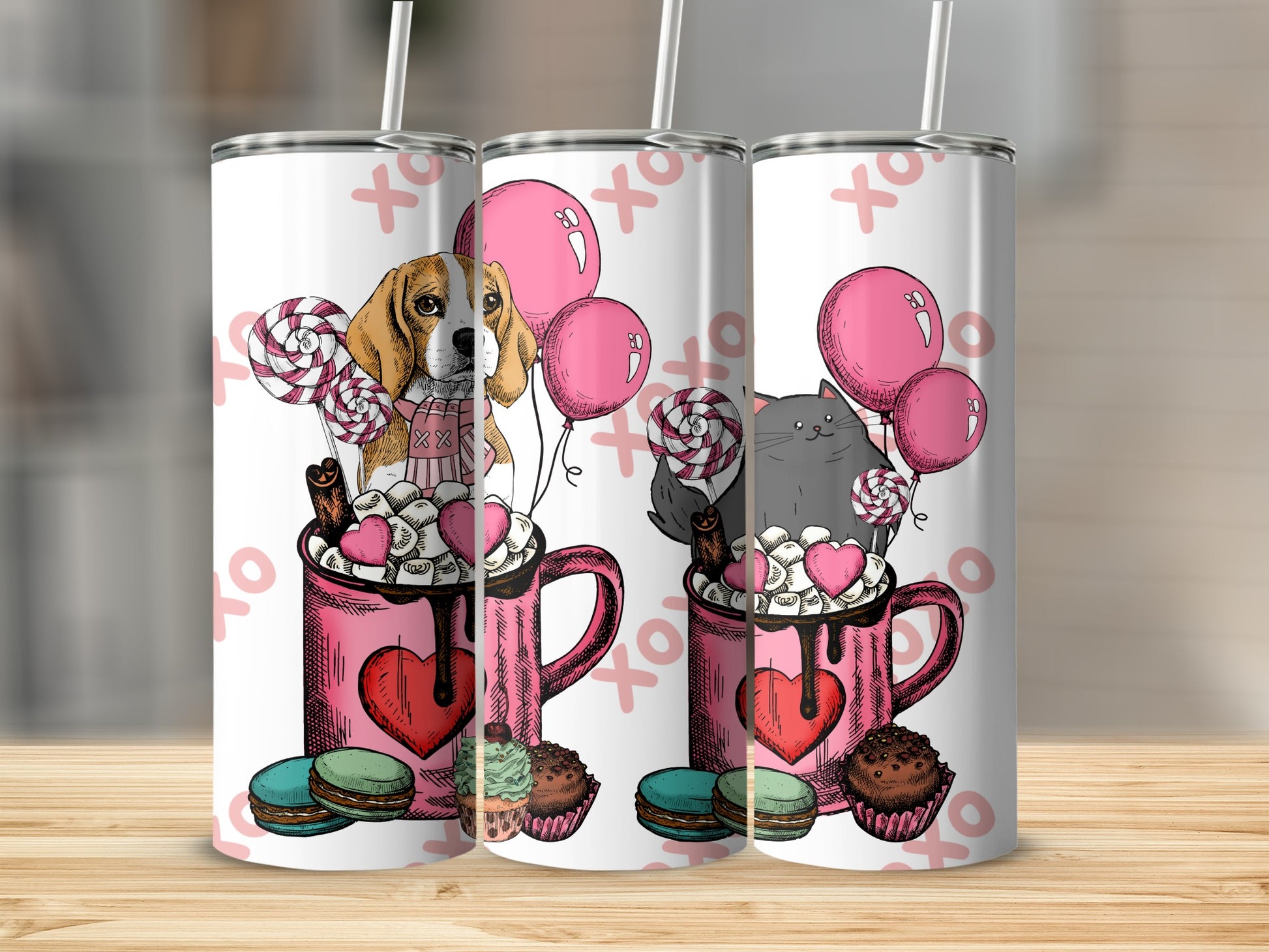 Cute Dog and Cat in Mug with Sweets Design Tumbler