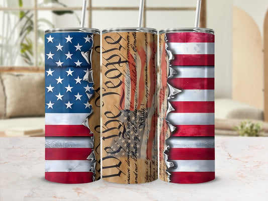 Three tumblers featuring American flag and "We the People" text.