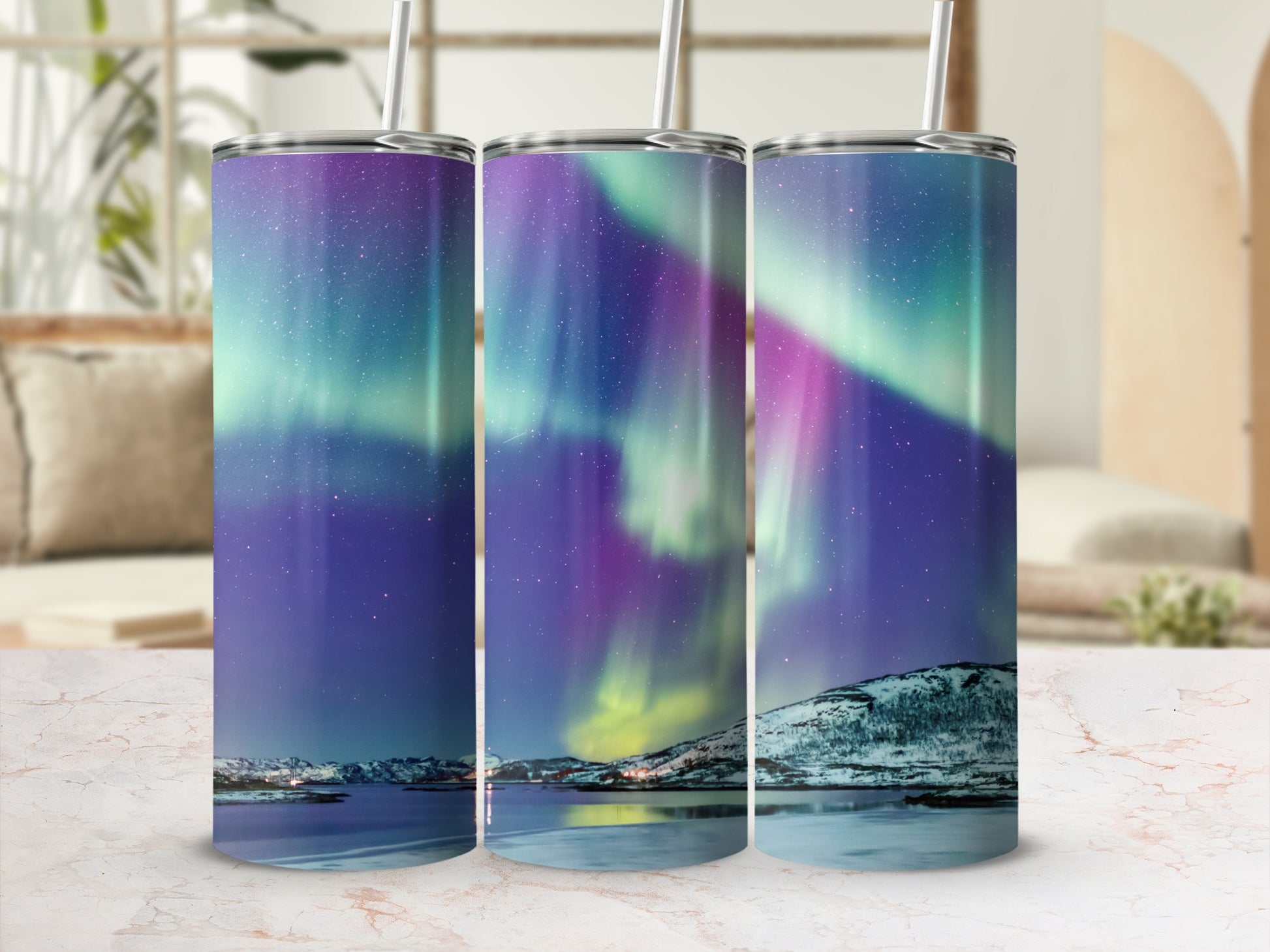Northern Lights Tumbler with Straw Stunning Design