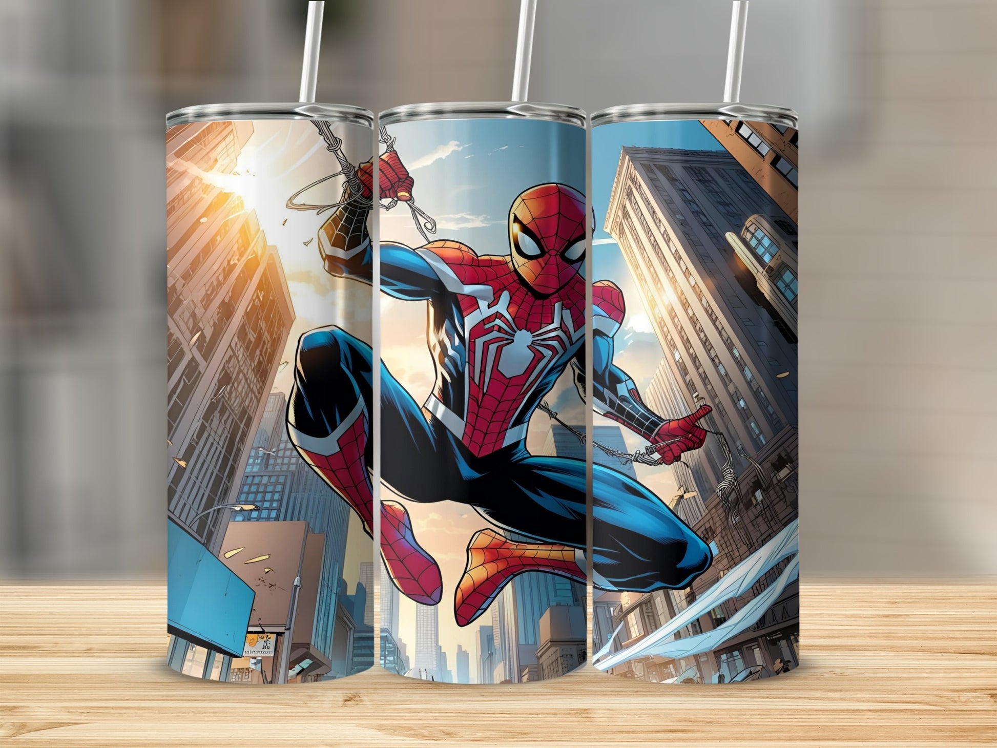 Spiderman swinging through a city on a tumbler.
