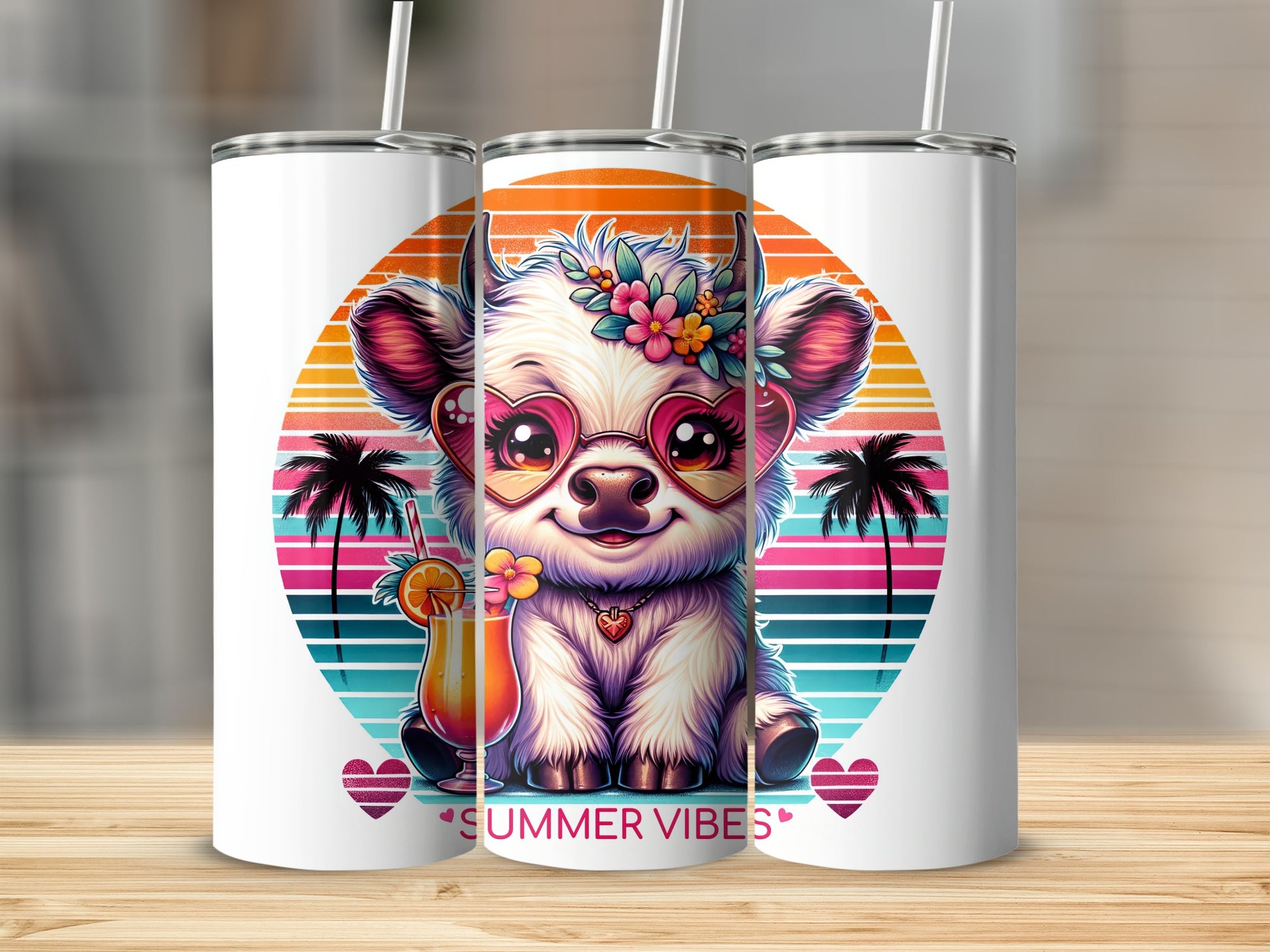 Cartoon cow with heart sunglasses, flowers, and cocktail on beach sunset.