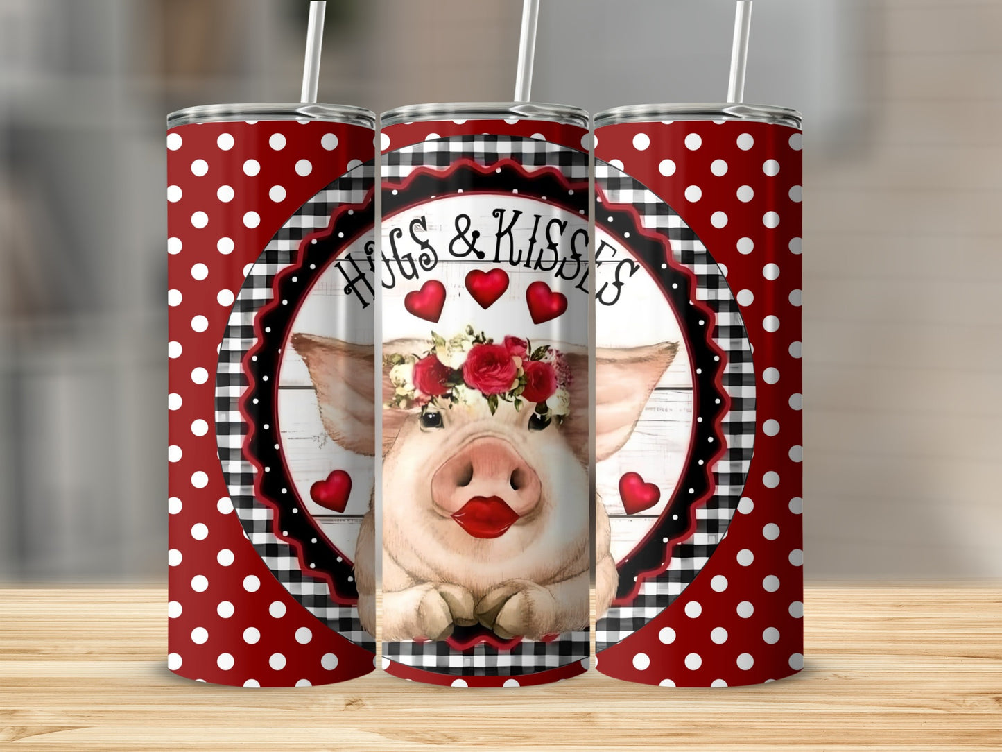 Adorable Polka Dot Hugs and Kisses Piggie Tumbler