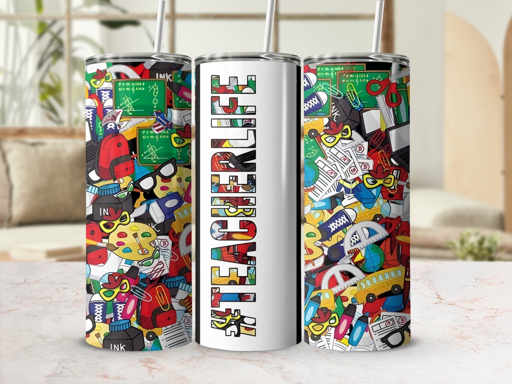 Tumblers with "Teacher Life" text and colorful school-themed doodles.