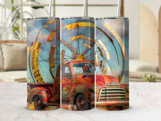 Triptych of a vintage red pickup truck with a rustic western sunset background.