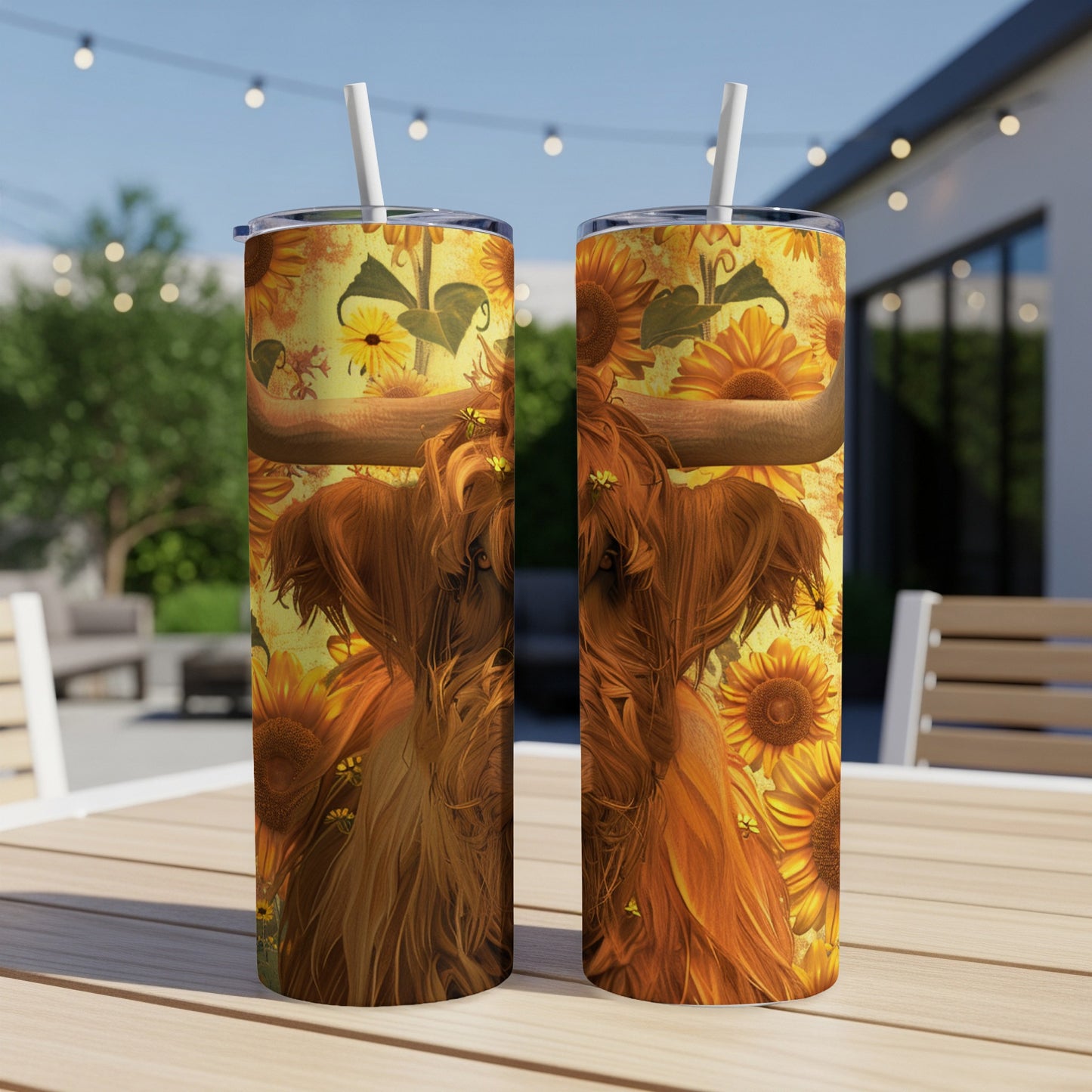 Two tumblers featuring a long-haired Highland cow with sunflowers.