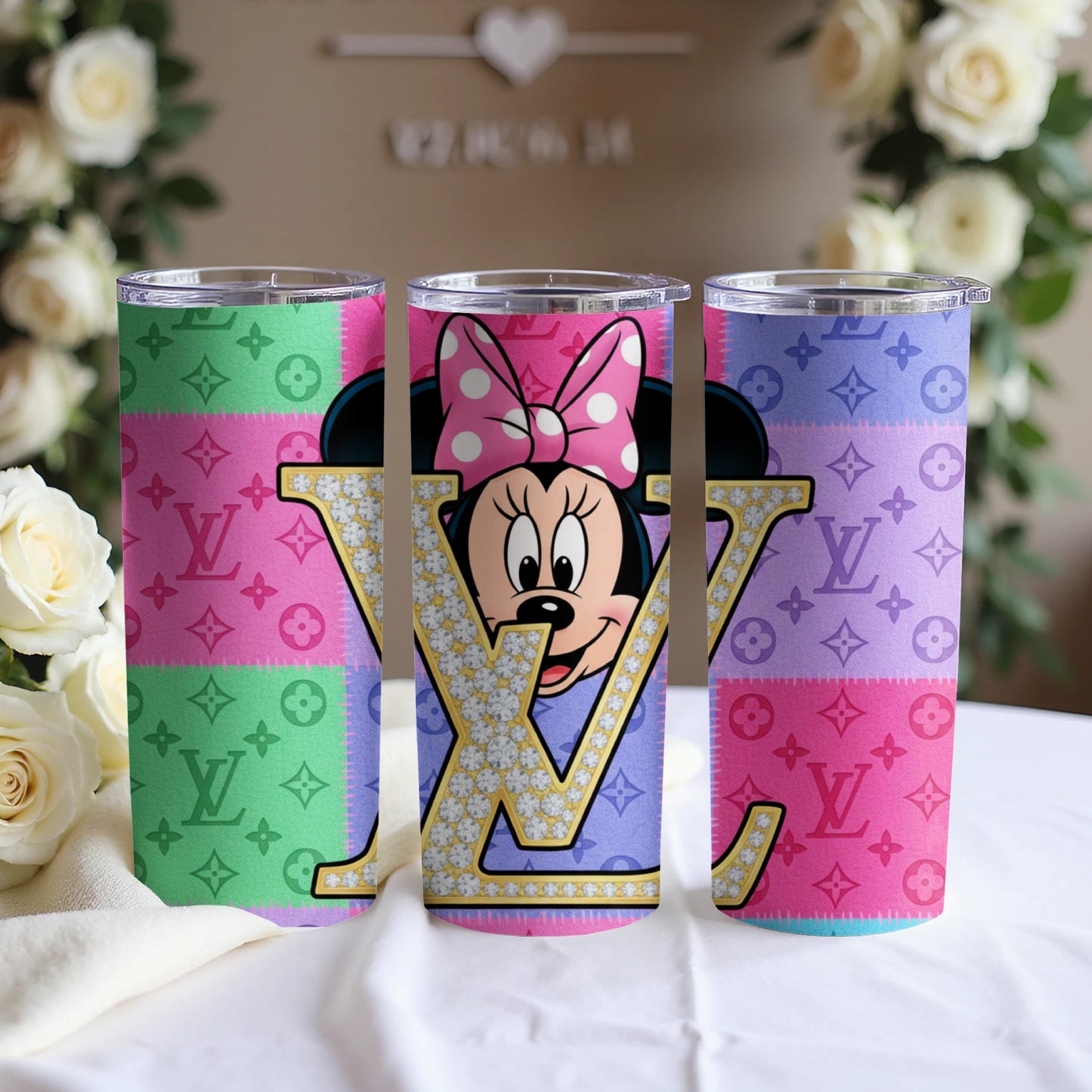 Colorful Minnie Mouse Tumbler With Monogram Pattern