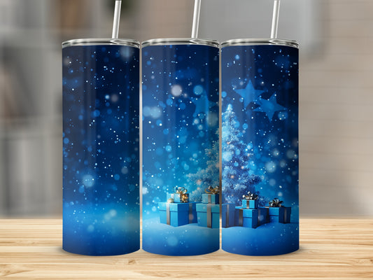 Festive Blue Christmas Tree and Gifts Tumbler