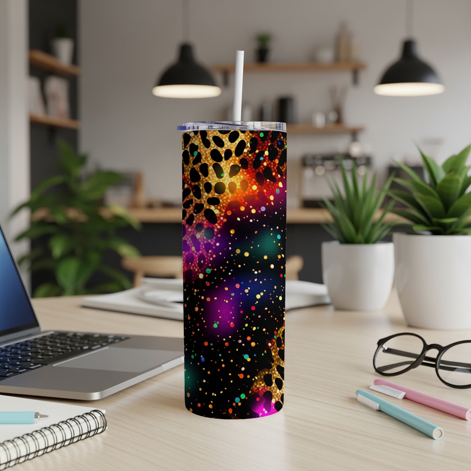 Tall tumbler with black background and colorful speckled pattern.