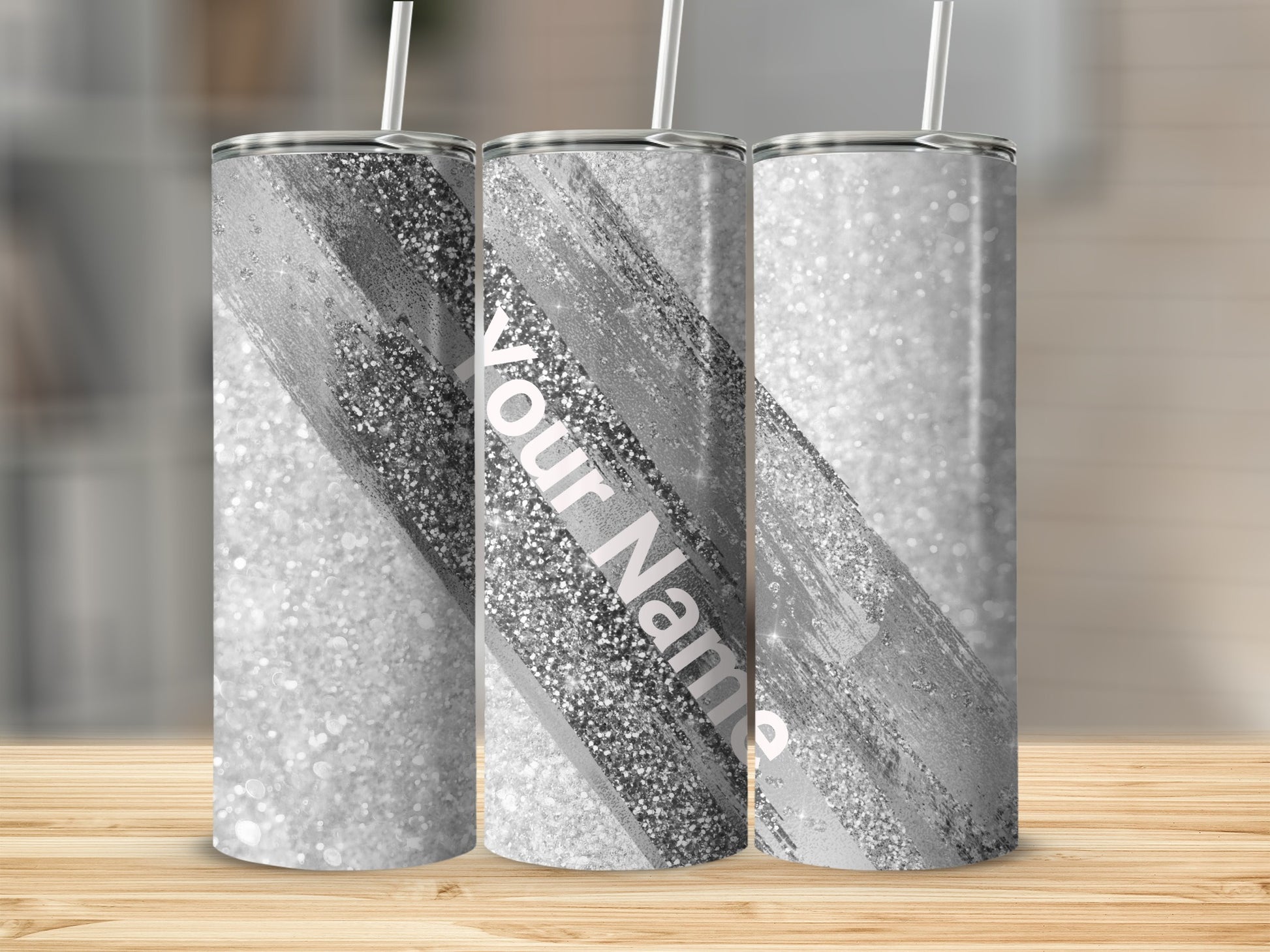 Personalized Silver Glitter Tumbler with Straw