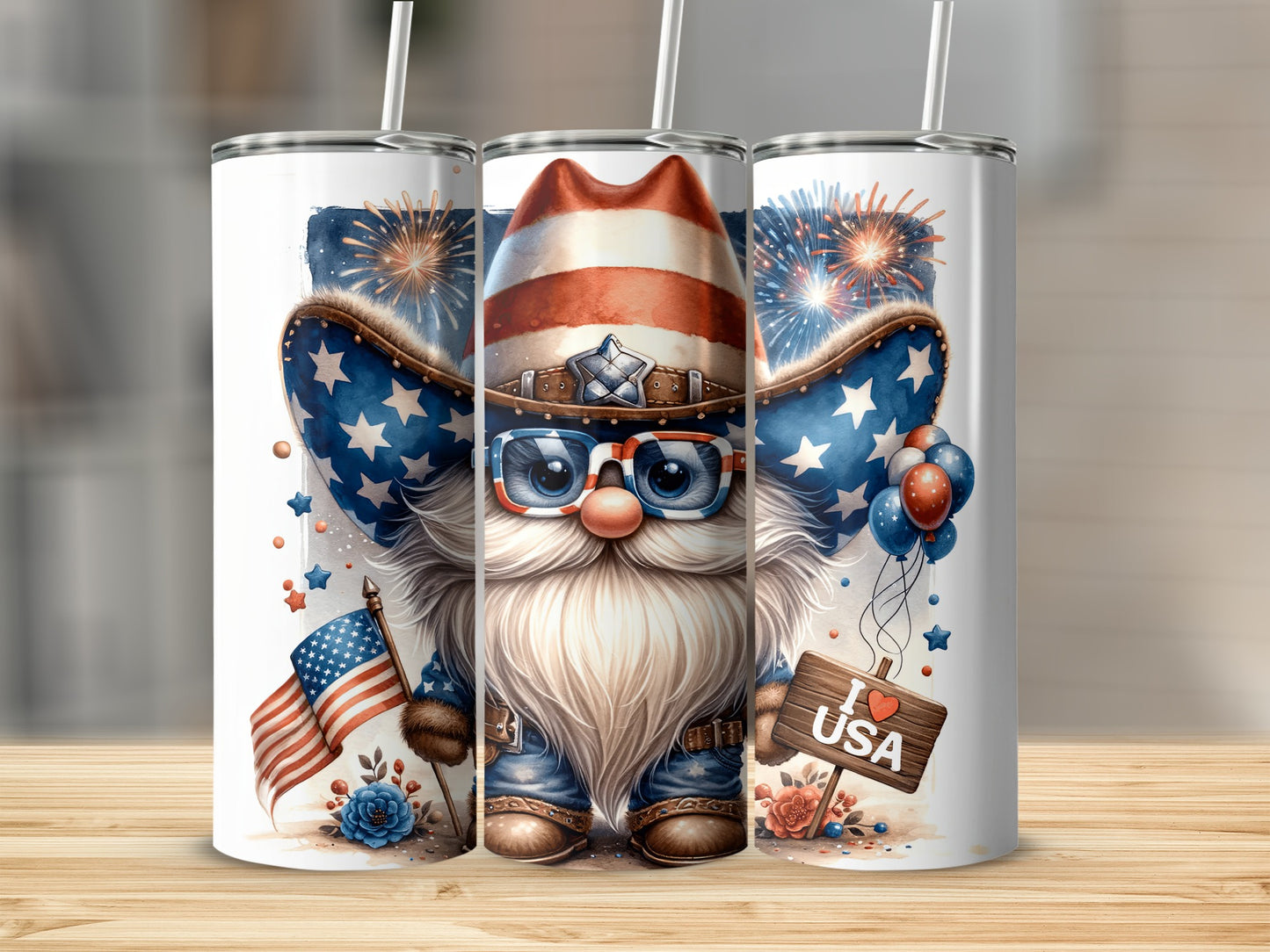 Patriotic gnome in cowboy hat with American flag, fireworks, and USA sign.