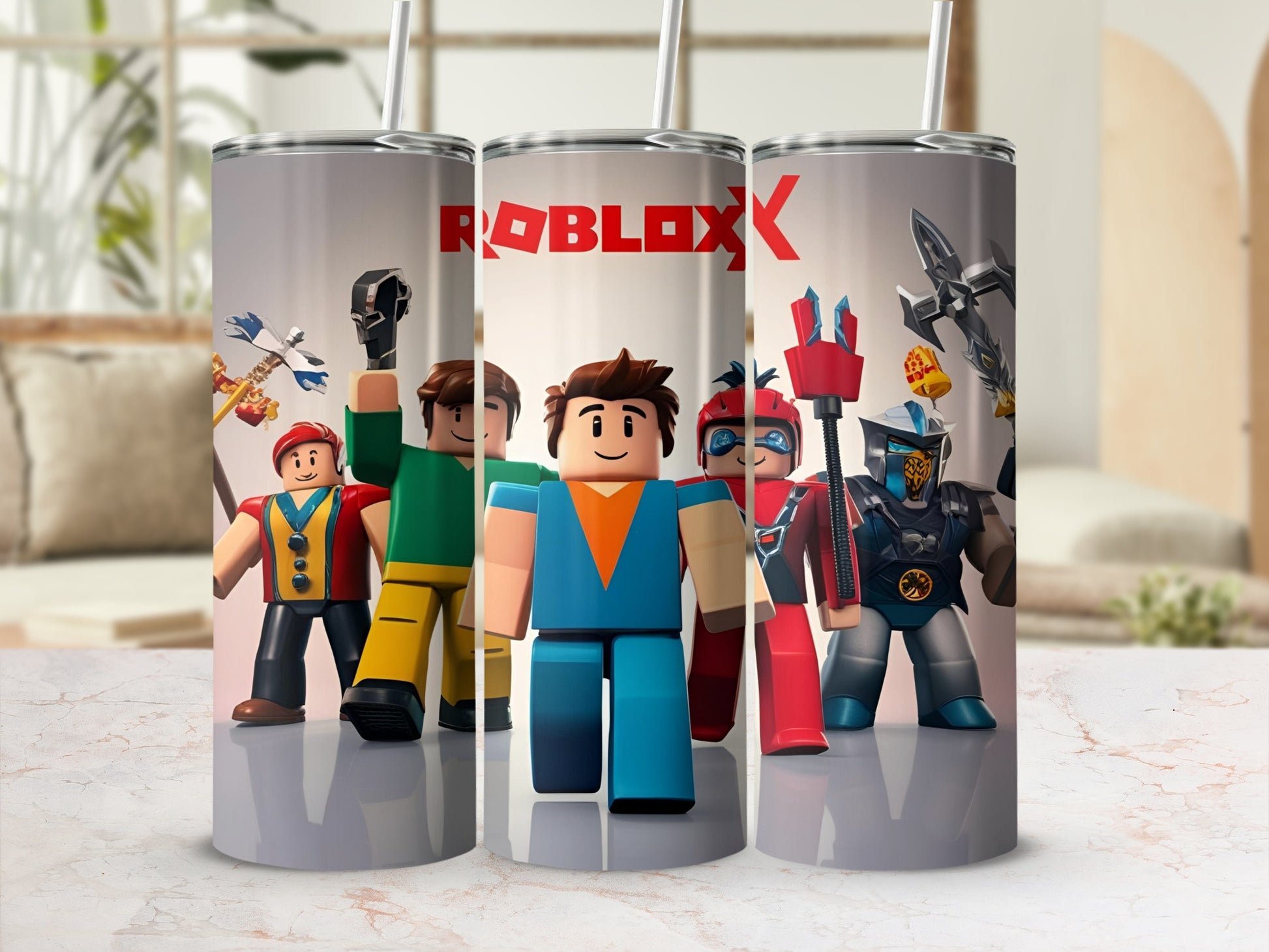 Roblox characters on a cylindrical tumbler with straws.