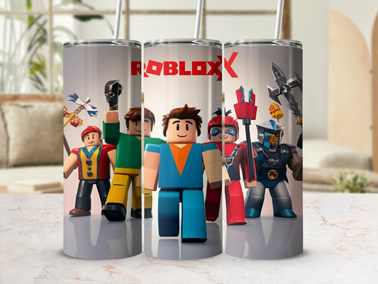 Roblox characters on a cylindrical tumbler with straws.
