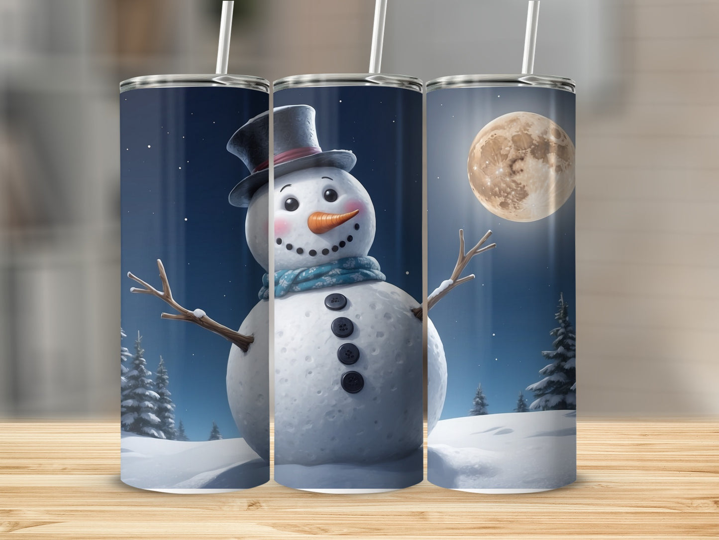 Snowman in snowy landscape with full moon and stars.