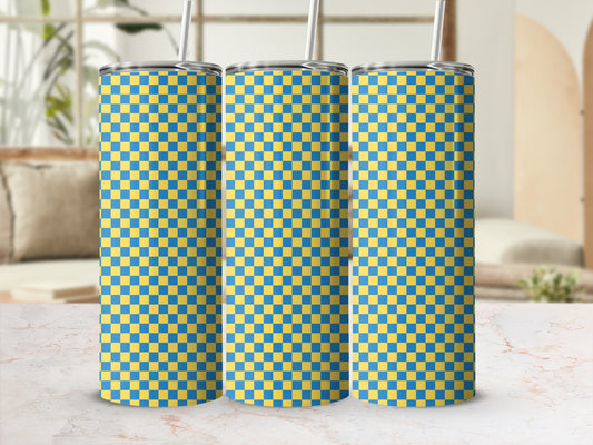 Three tall tumblers with a blue and yellow checkered pattern.