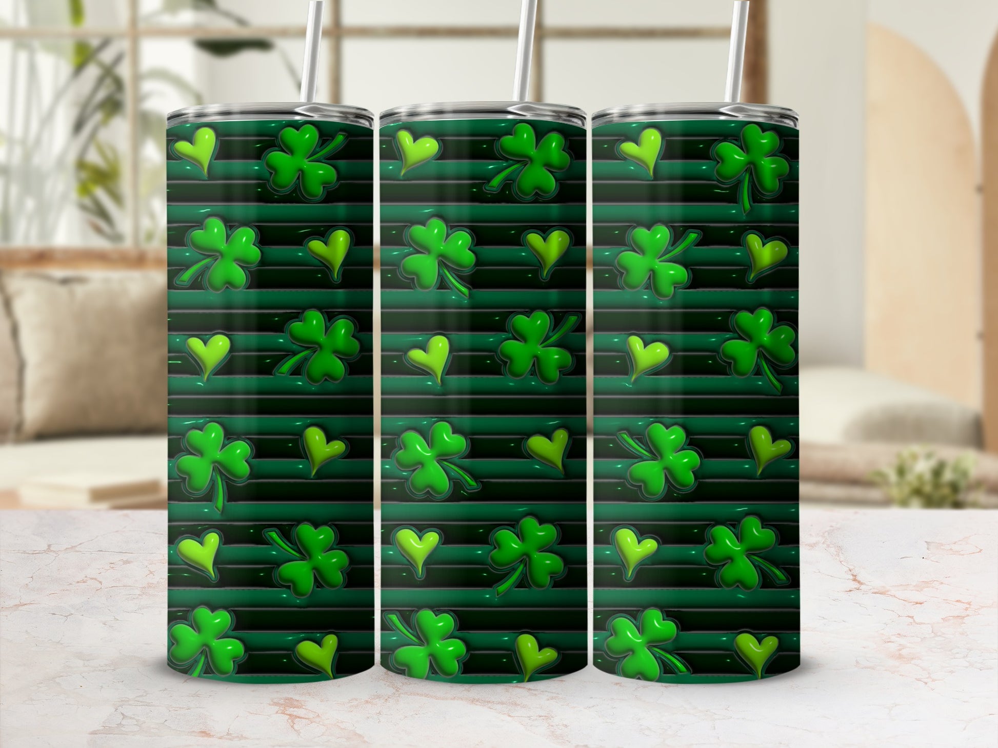 Green striped tumbler with shamrock and heart pattern.