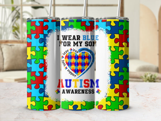 Autism awareness puzzle heart tumbler with text "I wear blue for my son".