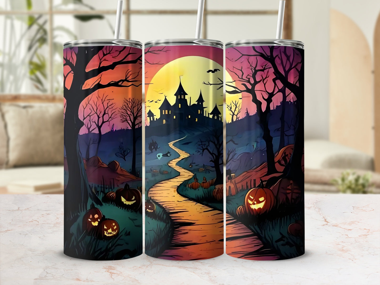 Three tumblers featuring a spooky Halloween scene with a castle and pumpkins.