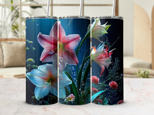 Three tumblers with underwater flowers and aquatic plant designs.