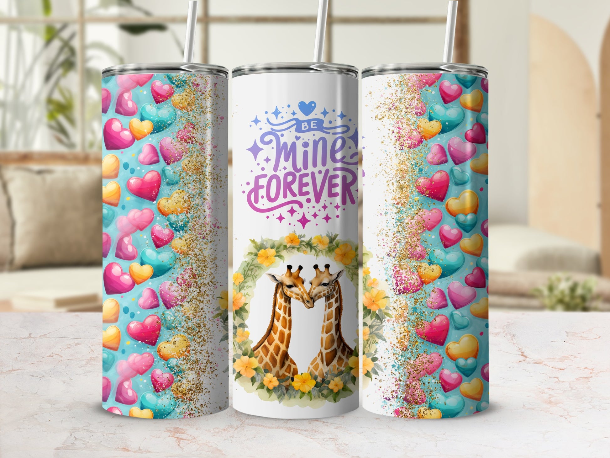Colorful Hearts and Giraffe Themed Tumbler Cup