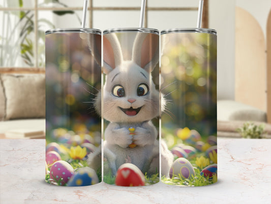 Cartoon bunny holding Easter egg among colorful painted eggs and bokeh background.