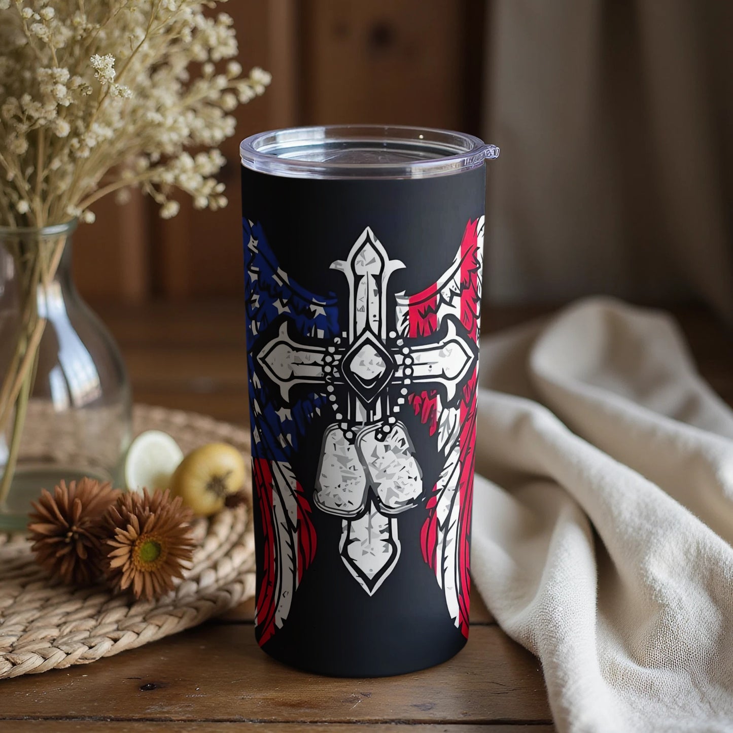 Patriotic Cross and American Flag Design Tumbler