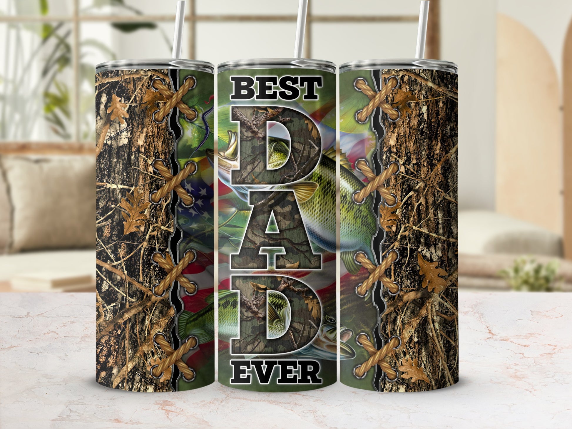 Camouflage tumbler with "BEST DAD EVER" text and bass fish design.
