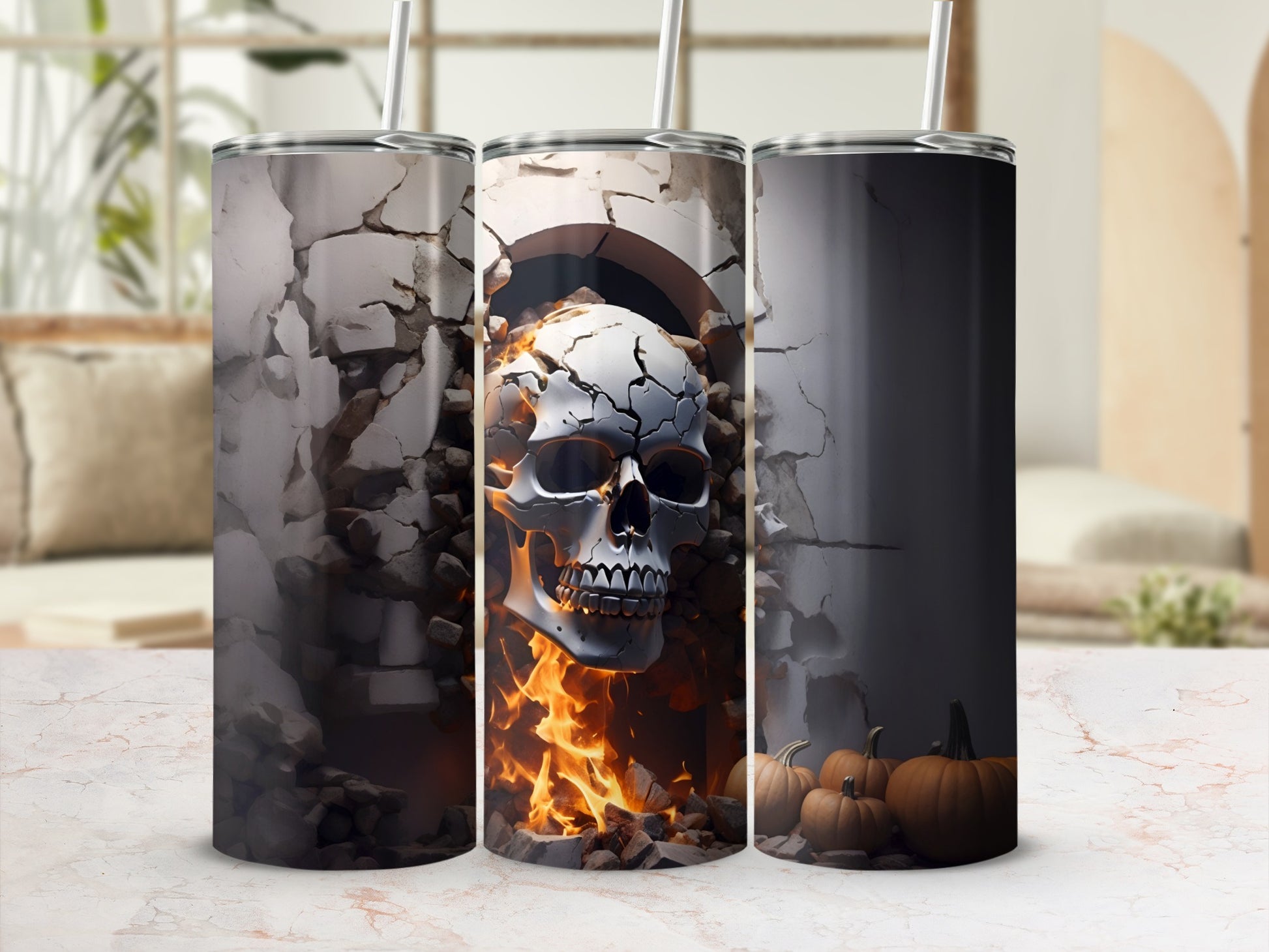 Three tumblers with a skull emerging from cracked walls and flames.