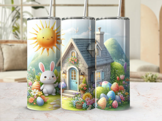Easter bunny, colorful eggs, and whimsical house with sun in a spring meadow.