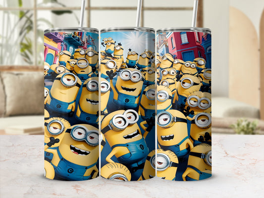 Three tumblers featuring a repeating pattern of many happy Minions characters.