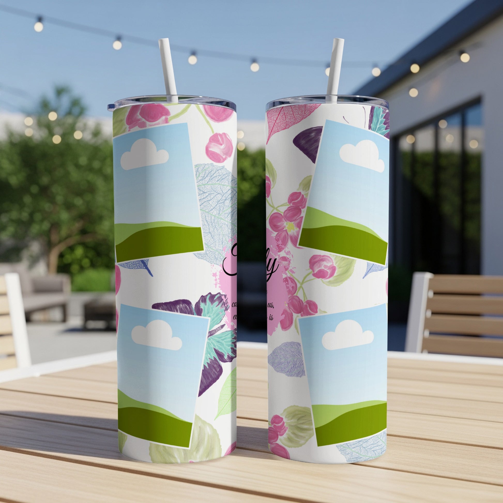 Two tumblers with floral and landscape photo collage designs.