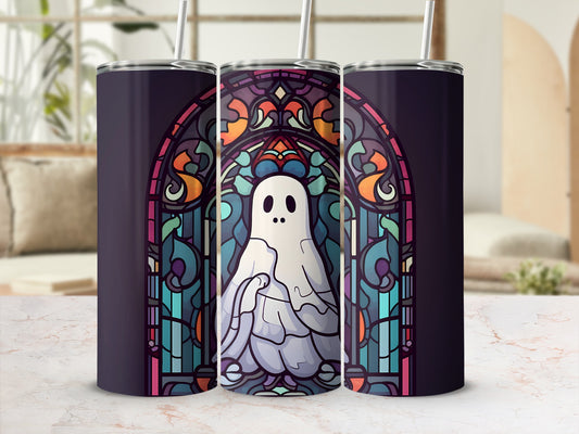 Ghost in stained glass design on a purple tumbler.