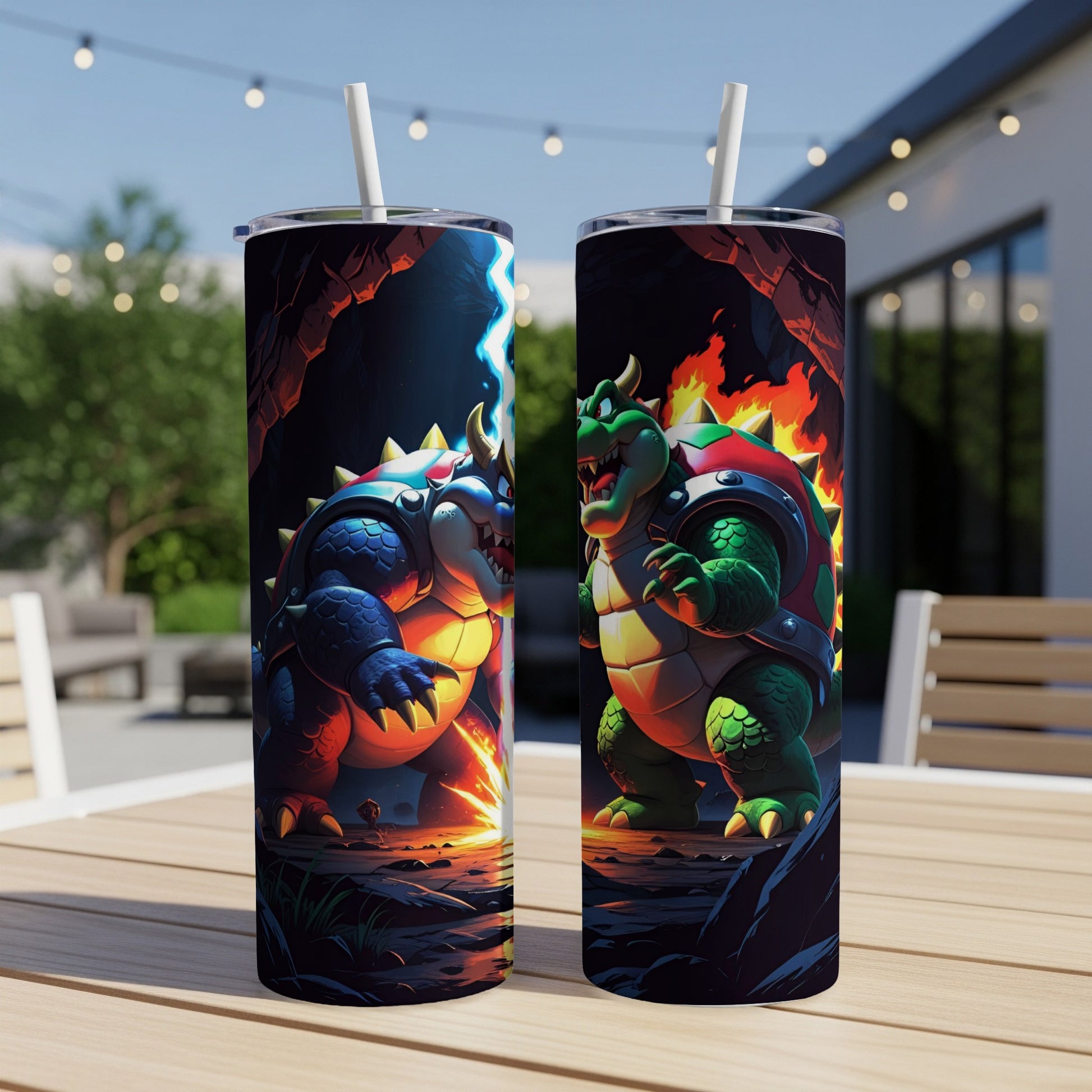 Two cartoon Bowser Jr. characters, one blue and one green, in a fiery cave setting.