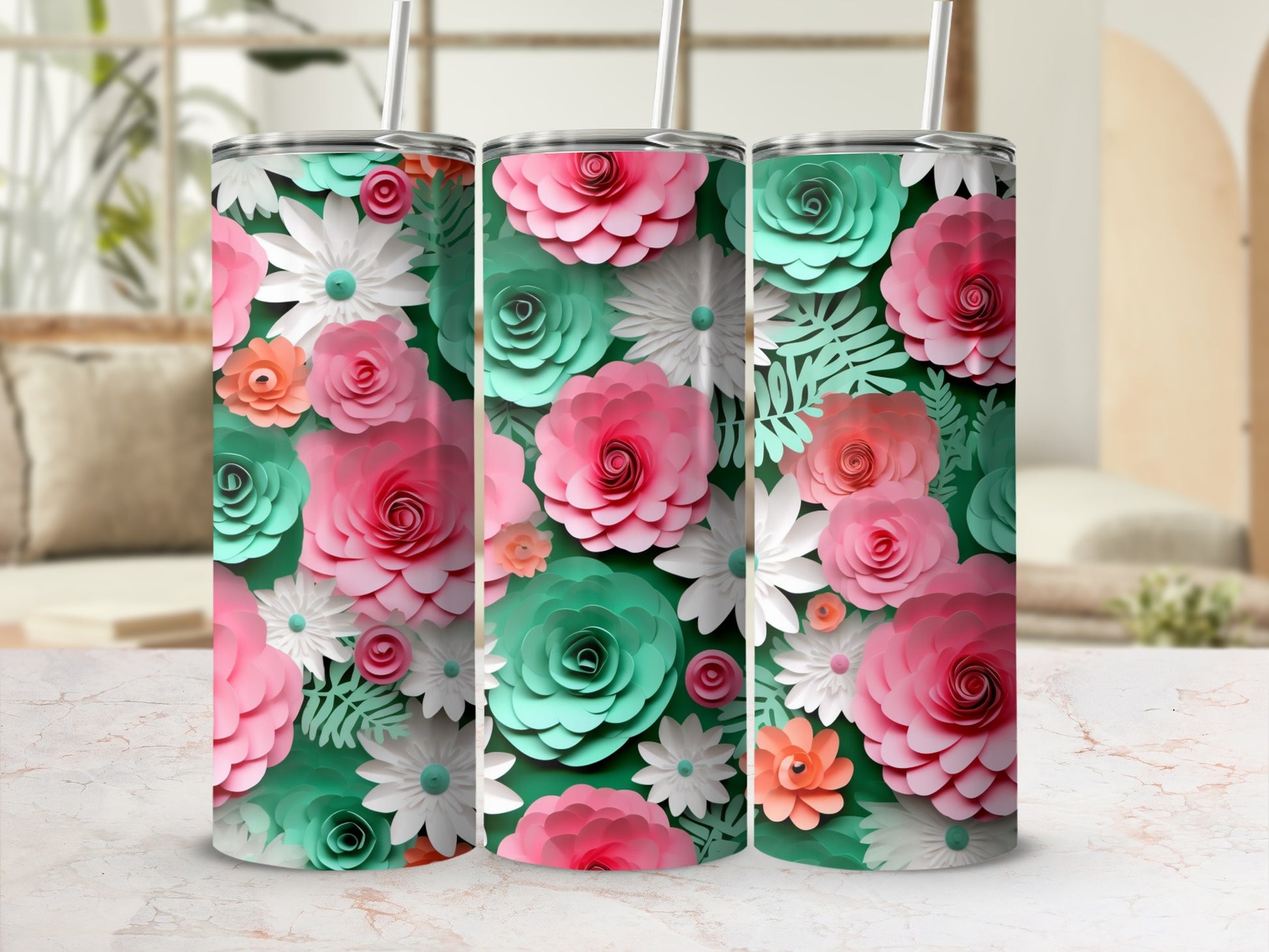 Colorful Floral Tumbler with Straw Insulated Travel Mug