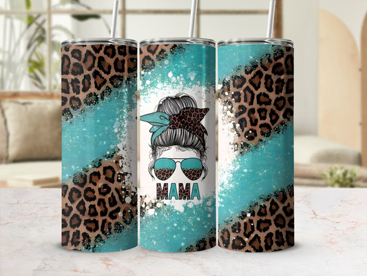 Leopard print tumbler with "Mama" text and turquoise distressed accents.
