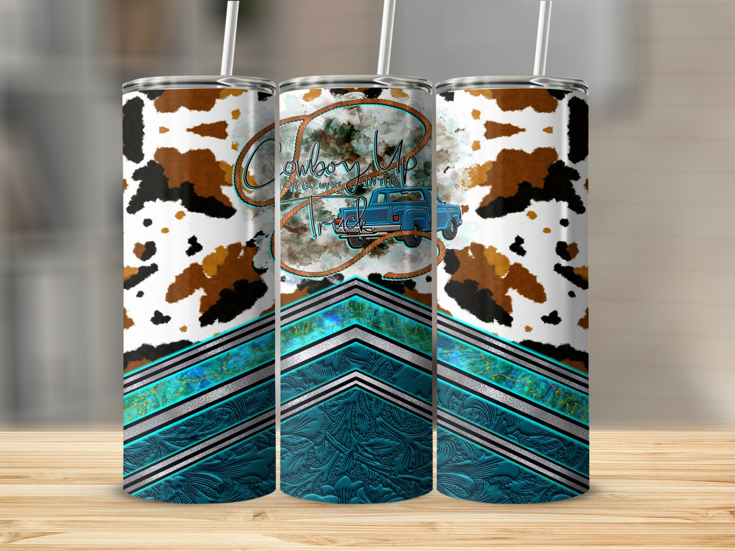Cowboy up truck tumbler with teal chevron and cowhide pattern.