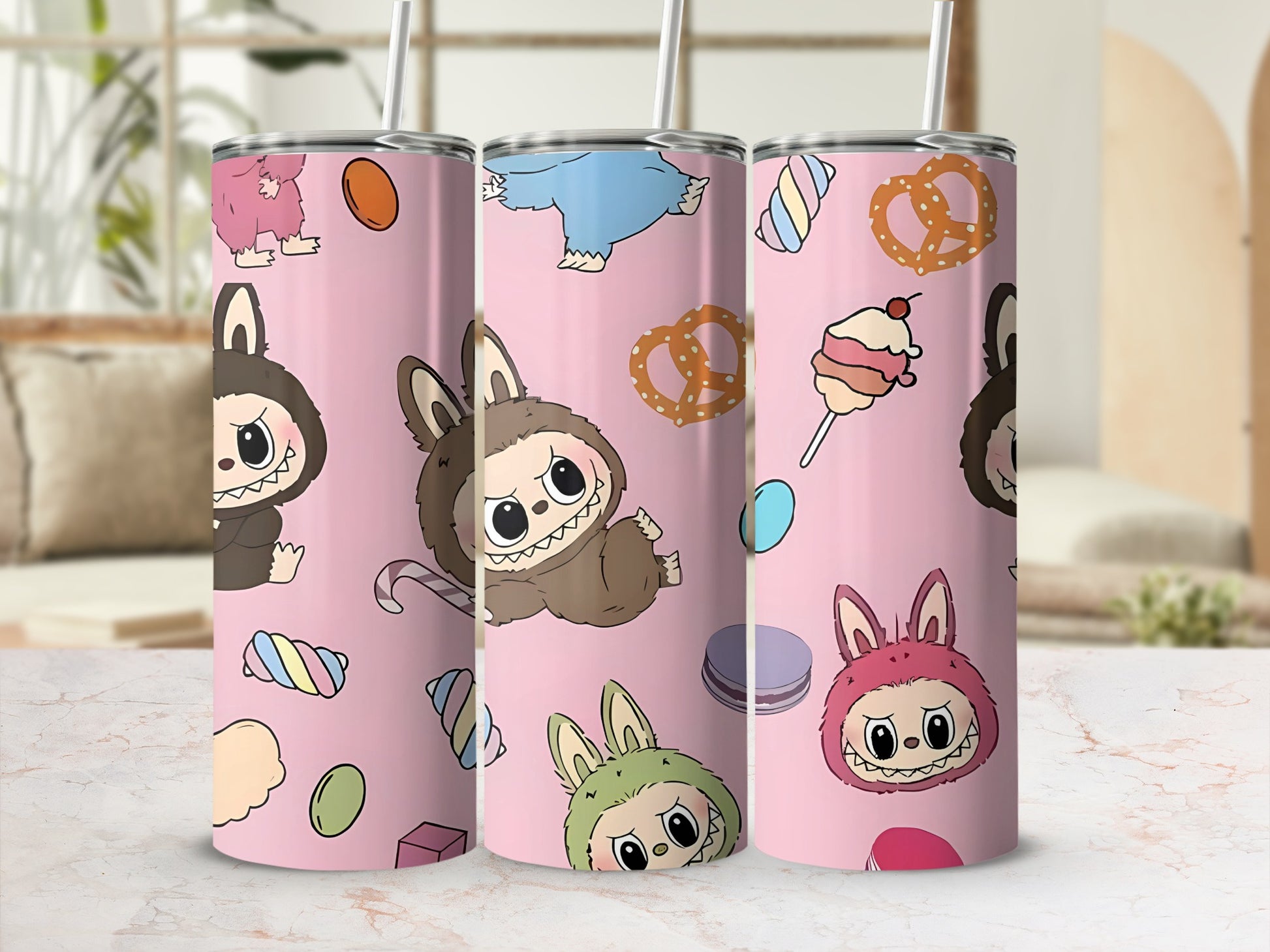 Cute Anime Character Tumbler with Candy and Pretzels Design
