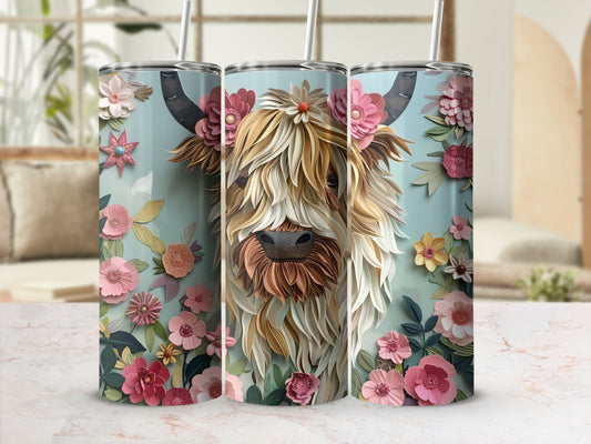 Highland cow with flowers on a textured tumbler.