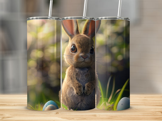 Bunny on grass with Easter eggs, shown on a tumbler.