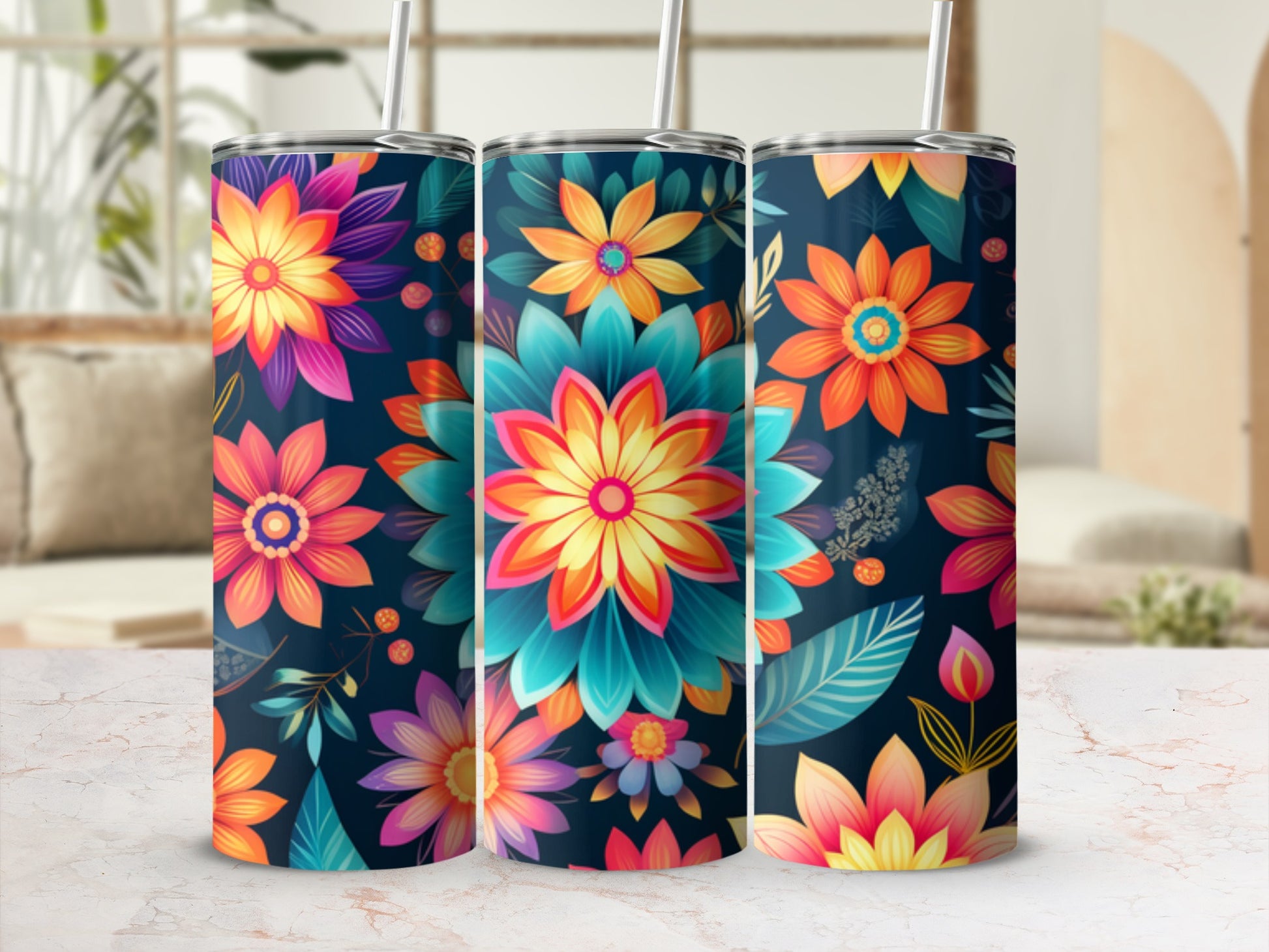 Three tumblers with colorful floral patterns on a light background.