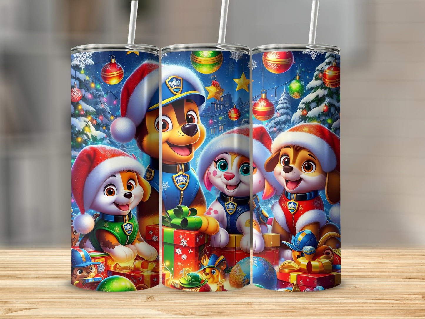 Christmas Themed Cartoon Dogs Tumblers with Straws