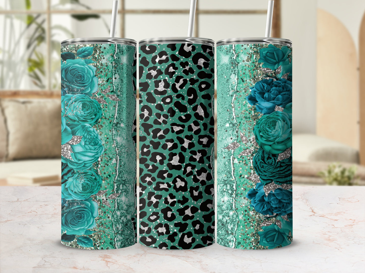 Teal Rose Glitter and Leopard Print Tumbler Cup