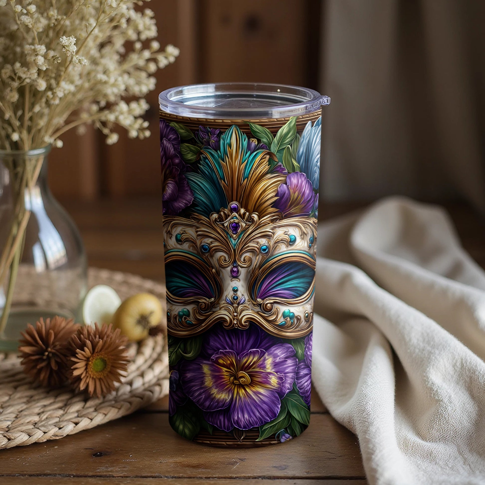 Elegant Colorful Mask and Flowers Themed Tumbler