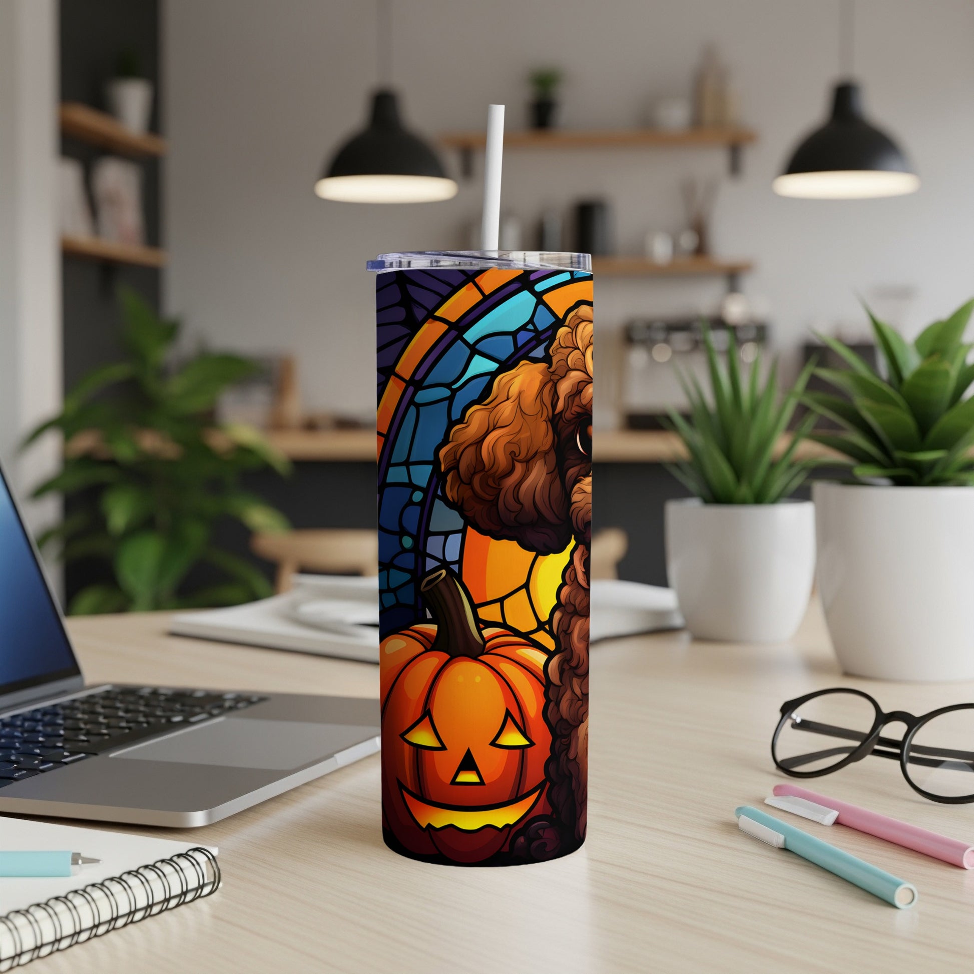 Tumbler with stained glass dog and jack-o'-lantern Halloween design.
