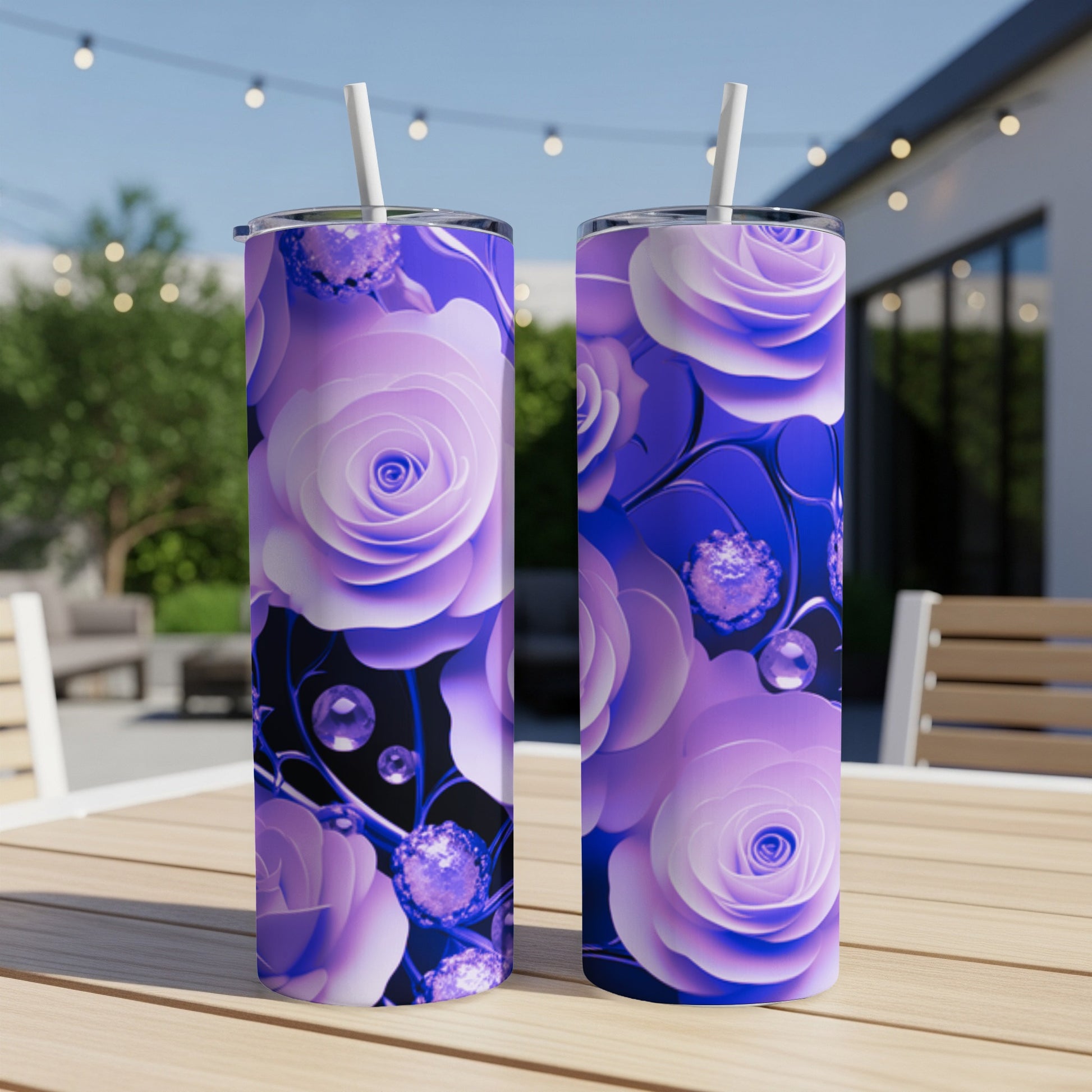 Two tall, slim tumblers with a purple rose and crystal floral pattern.