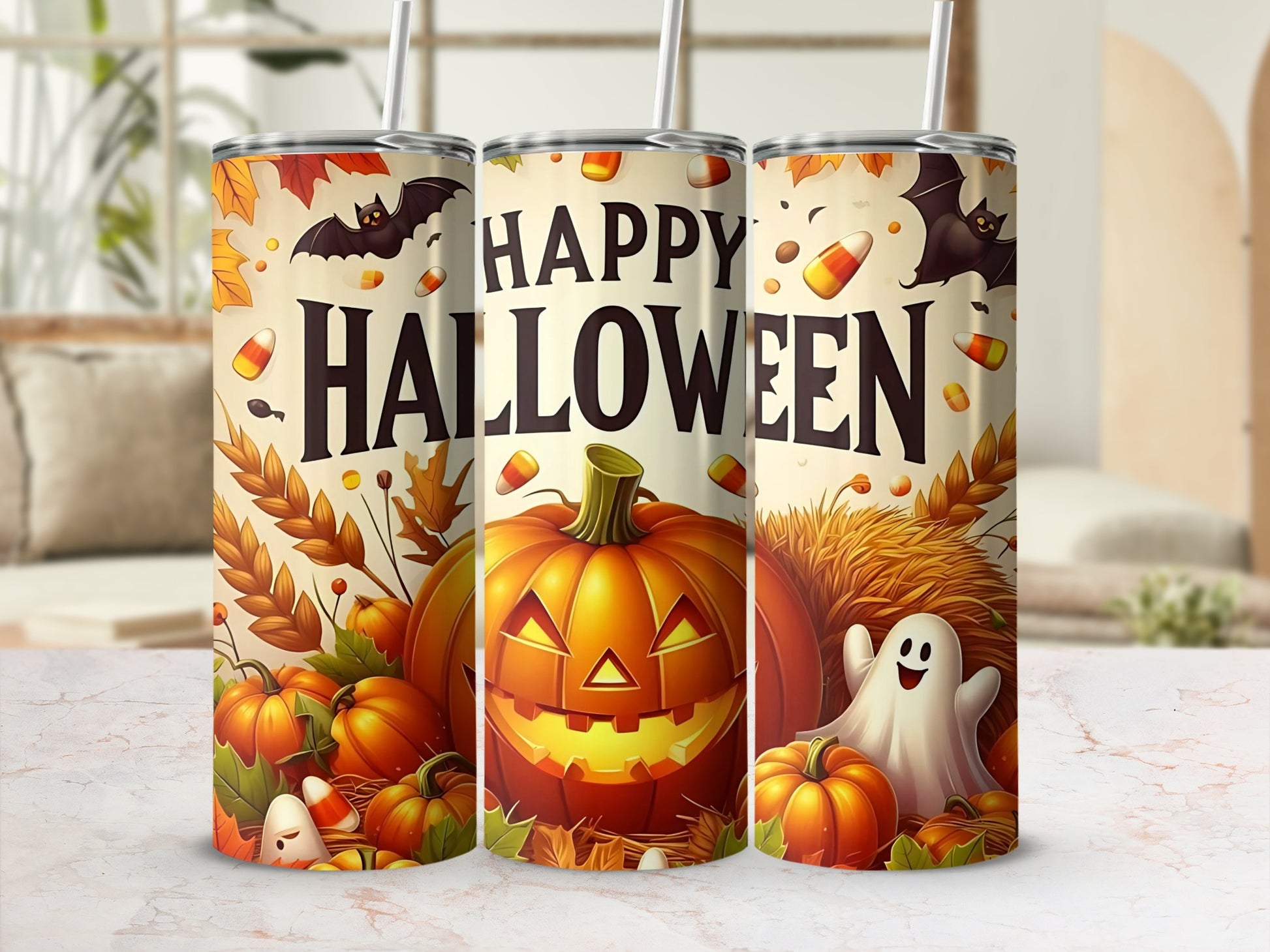Happy Halloween tumbler with bats, pumpkins, ghosts, and candy corn design.