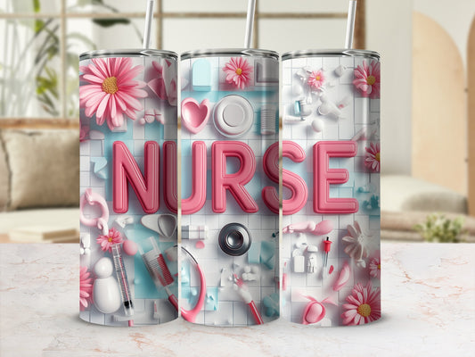 Pink tumbler with "NURSE" in 3D letters and medical icons.