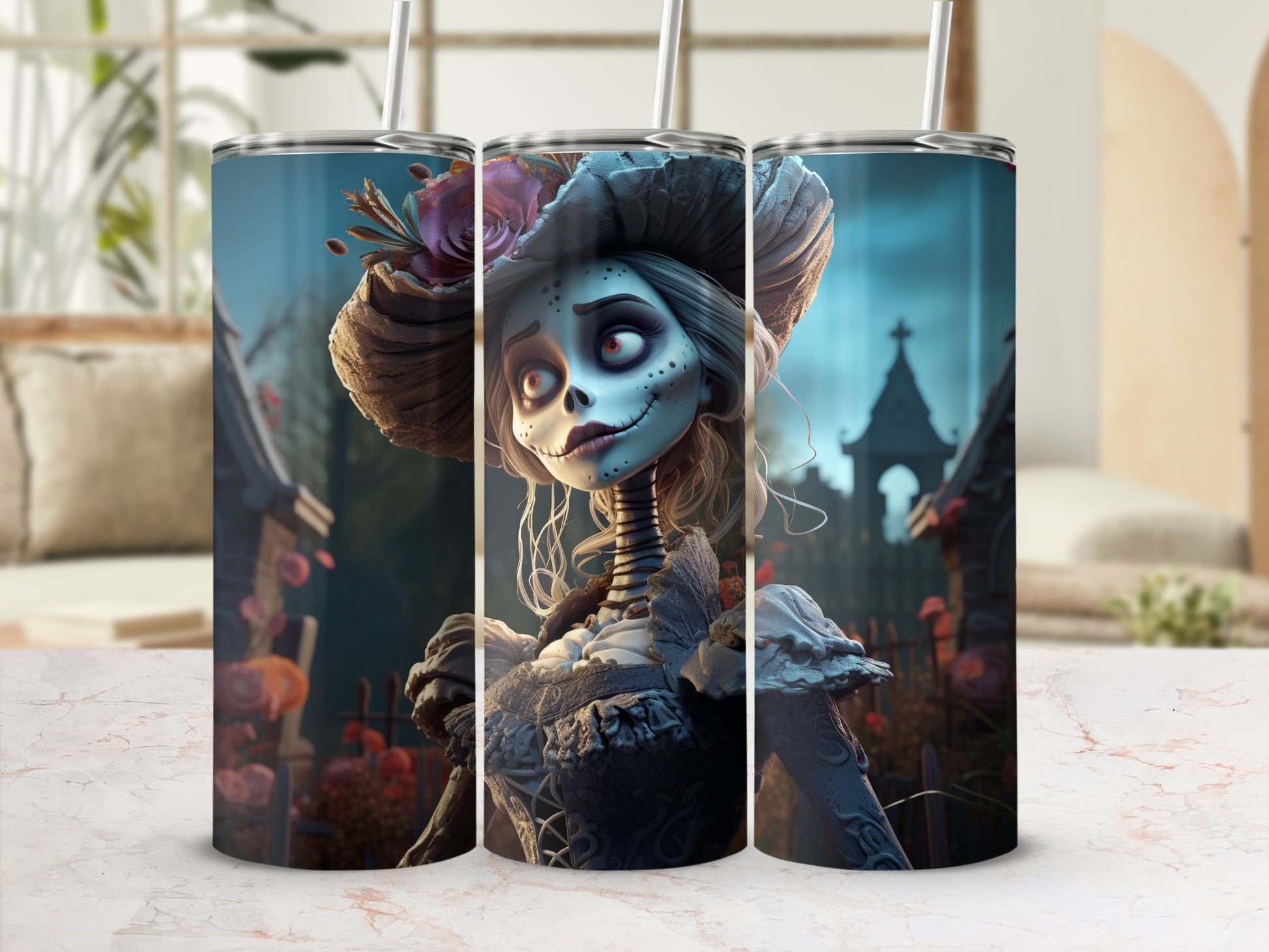 Skeleton woman in gothic dress and hat on a tombstone background.